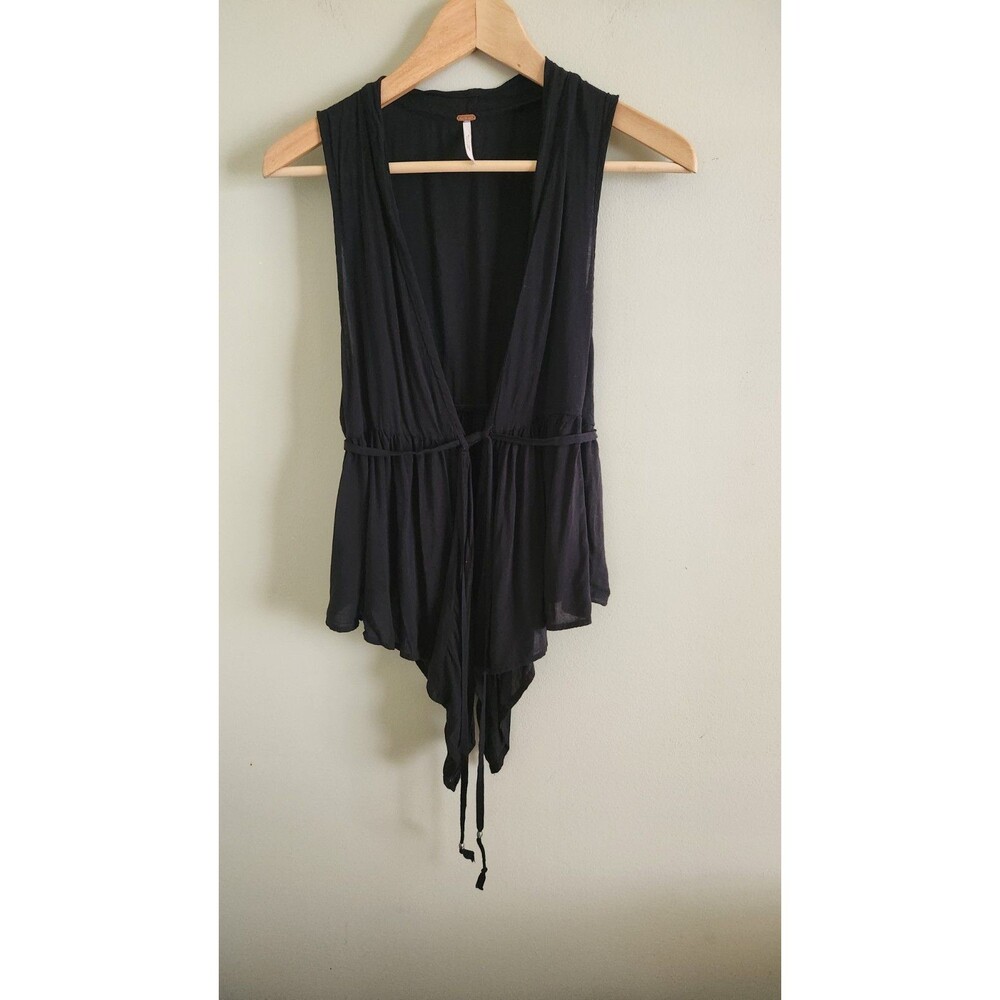 Free People  Vest Black Tie-Waist Open Front V-Neck Shark Hem Top Sz P/xs
